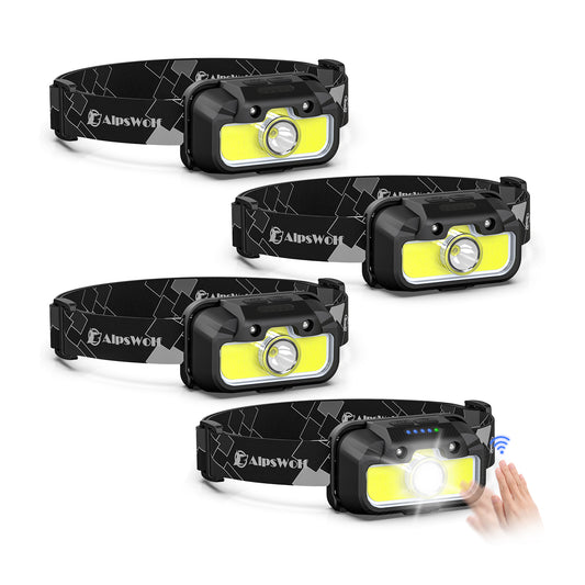 AlpsWolf HL402-2 Headlamp Rechargeable, 4 Pack Adjustable Head Lamp, 7 Lighting Modes Headlight for Adults and Kids, LED Headlamp with Motion Sensor