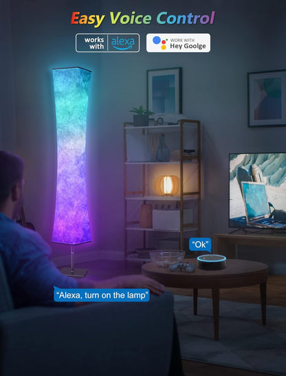 RGB Led Smart Lamp Alexa APP Control, Color Changing Modern Floor Standing Lamp with DIY Mode, Music Sync and White Fabric Shade for Living Room Bedroom Game Room