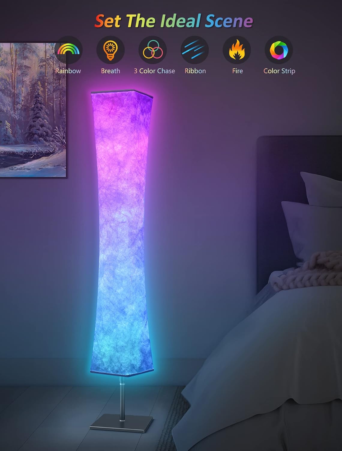 RGB Led Smart Lamp Alexa APP Control, Color Changing Modern Floor Standing Lamp with DIY Mode, Music Sync and White Fabric Shade for Living Room Bedroom Game Room