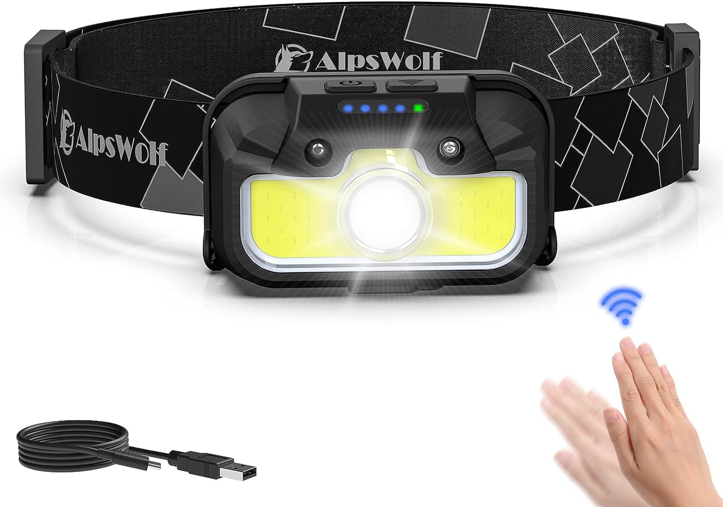 AlpsWolf Headlamp Rechargeable, Adjustable Head Lamp, 7 Lighting Modes, Motion Sensor