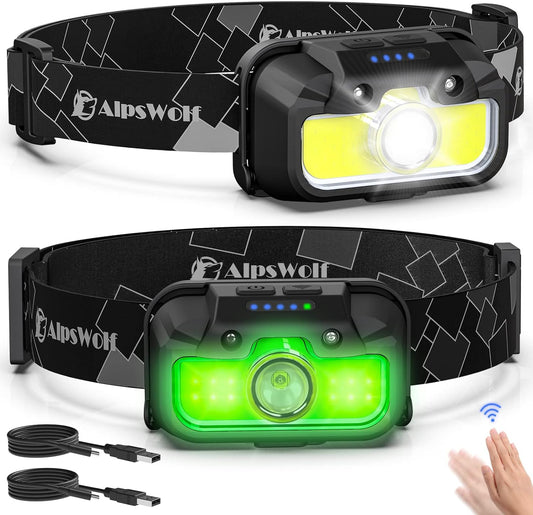 AlpsWolf Headlamp Rechargeable, 2 Pack Adjustable Head Lamp, 7 Lighting Modes Headlight for Adults and Kids, LED Headlamp with Motion Sensor, Headlamp Flashlights for Outdoor Camping, Hiking, Cycling